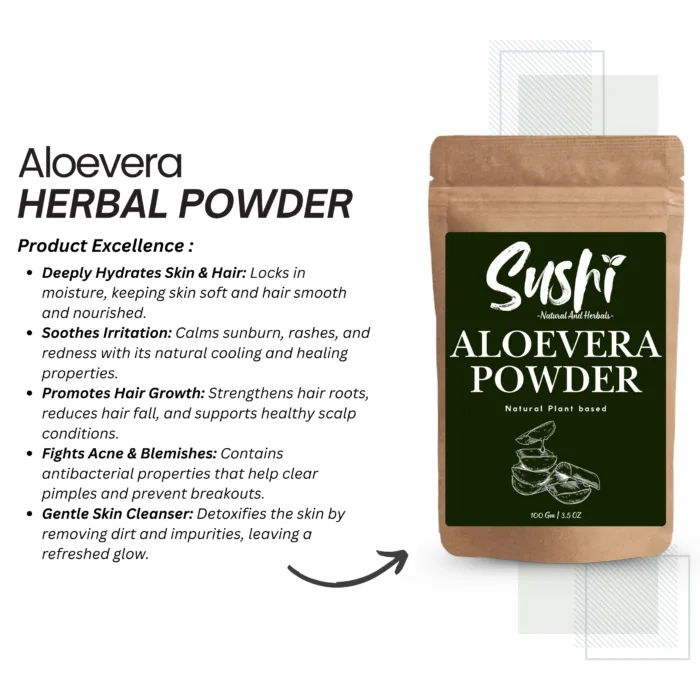 100% Natural Aloe Vera Powder by Sushi Industries ; Herbal Moisturizer for Glowing Skin & Silky Hair