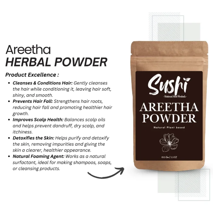 100% Natural Areetha Powder by Sushi Industries ; Herbal Shampoo Alternative for Clean Scalp & Strong Hair