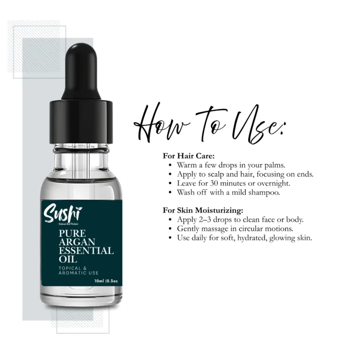 100% Pure Argan Essential Oil by Sushi Industries ; Cold-Pressed Moroccan Oil for Hair Shine, Skin Hydration & Anti-Aging