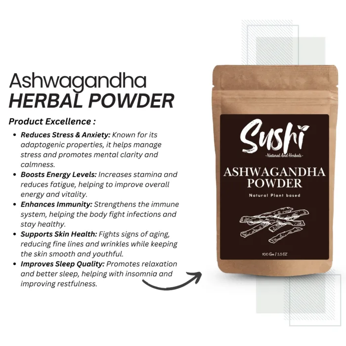 100% Natural Ashwagandha Powder by Sushi Industries ; Herbal Supplement for Stress Relief, Immunity & Stamina