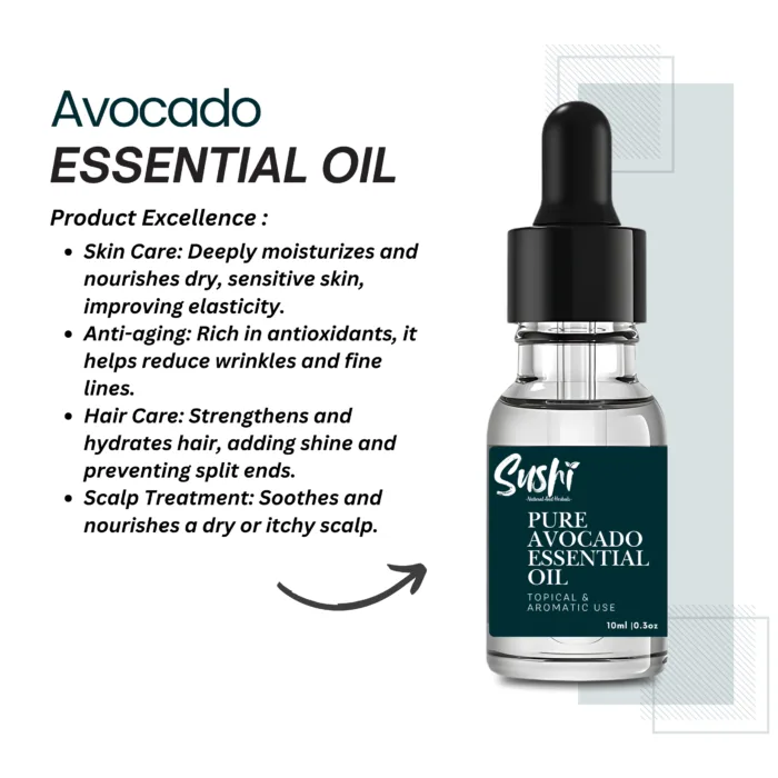 100% Pure Avocado Essential Oil by Sushi Industries ; Cold-Pressed Oil for Hydrated Skin, Shiny Hair & Natural Nourishment