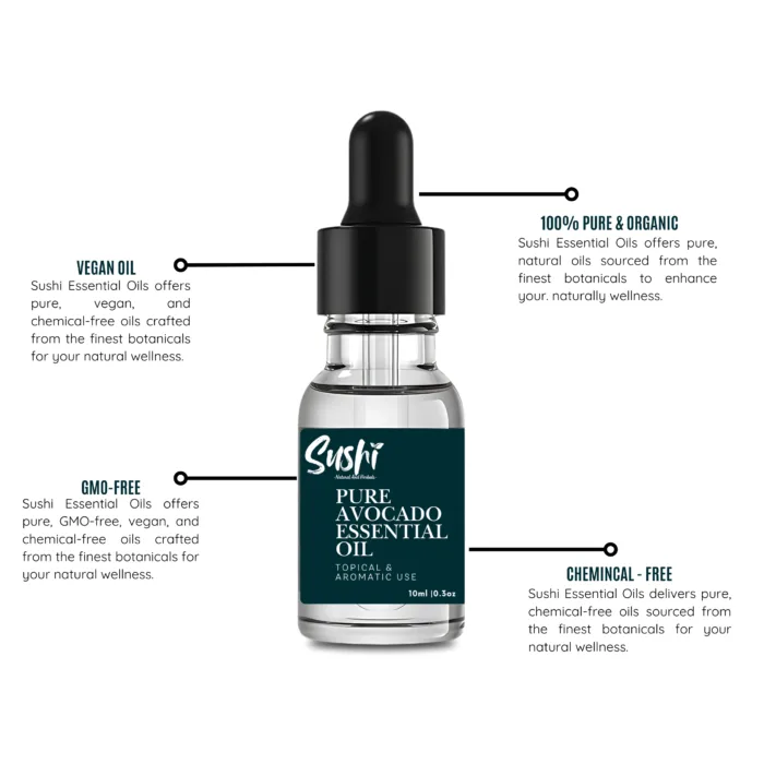 100% Pure Avocado Essential Oil by Sushi Industries ; Cold-Pressed Oil for Hydrated Skin, Shiny Hair & Natural Nourishment