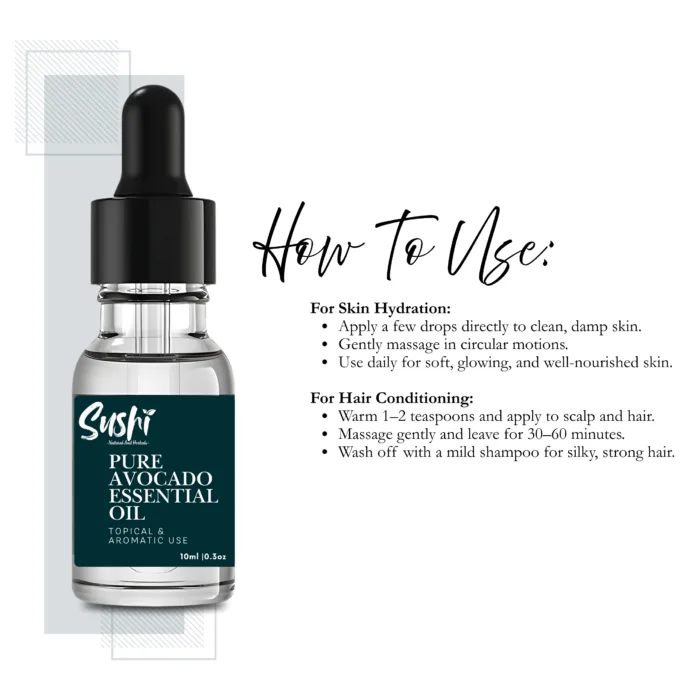 100% Pure Avocado Essential Oil by Sushi Industries ; Cold-Pressed Oil for Hydrated Skin, Shiny Hair & Natural Nourishment