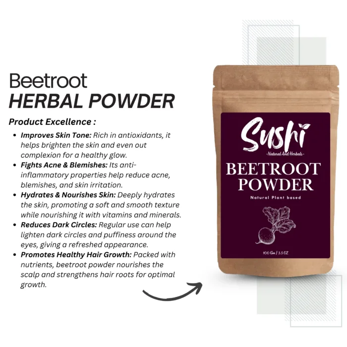 100% Natural Beetroot Powder by Sushi Industries ; Herbal Skin Glow & Lip Care Powder for Beauty & Wellness