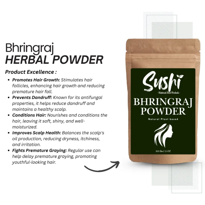 100% Natural Bhringraj Powder by Sushi Industries ; Herbal Remedy for Stronger Hair, Healthy Scalp & Reduced Hair Loss