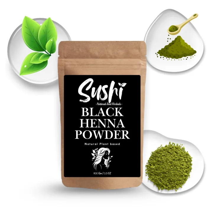 100% Natural Black Henna Powder by Sushi Industries ; Herbal Hair Color for Deep Black Shade ; Chemical-Free & Nourishing Dye