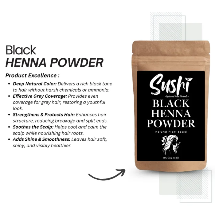100% Natural Black Henna Powder by Sushi Industries ; Herbal Hair Color for Deep Black Shade ; Chemical-Free & Nourishing Dye