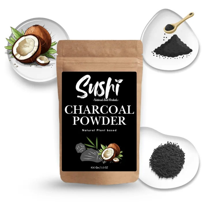 100% Natural Coconut Shell Charcoal Powder by Sushi Industries ; Herbal Deep Cleanser for Skin, Scalp & Teeth Whitening