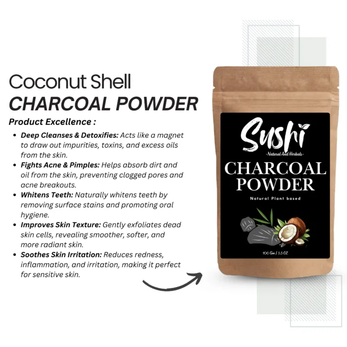 100% Natural Coconut Shell Charcoal Powder by Sushi Industries ; Herbal Deep Cleanser for Skin, Scalp & Teeth Whitening