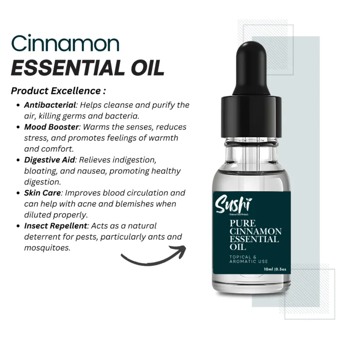100% Pure Cinnamon Essential Oil by Sushi Industries ; Steam-Distilled Spice Oil for Circulation, Skin Glow & Natural Warmth