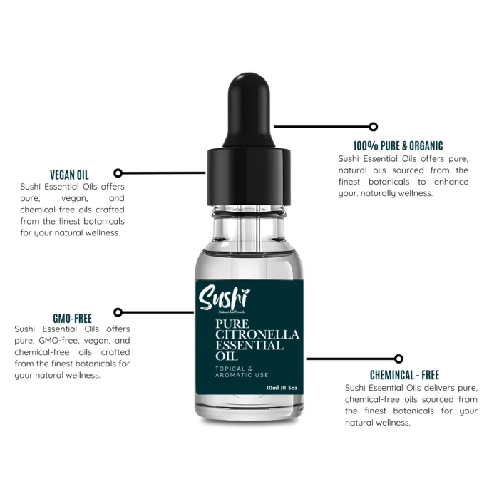 100% Pure Citronella Essential Oil by Sushi Industries ; Plant-Based Mosquito Repellent & Freshening Oil for Home and Skin