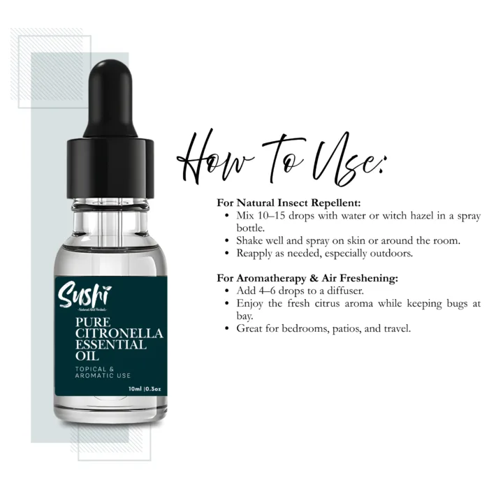 100% Pure Citronella Essential Oil by Sushi Industries ; Plant-Based Mosquito Repellent & Freshening Oil for Home and Skin