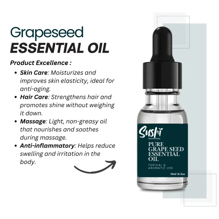 100% Pure Grapeseed Essential Oil by Sushi Industries ; Fast-Absorbing Herbal Oil for Glowing Skin, Hair Growth & Massage