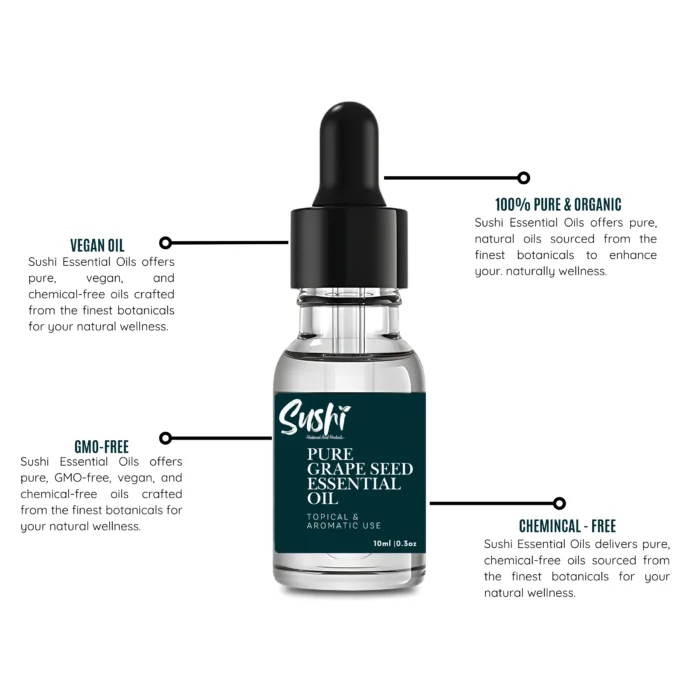 100% Pure Grapeseed Essential Oil by Sushi Industries ; Fast-Absorbing Herbal Oil for Glowing Skin, Hair Growth & Massage