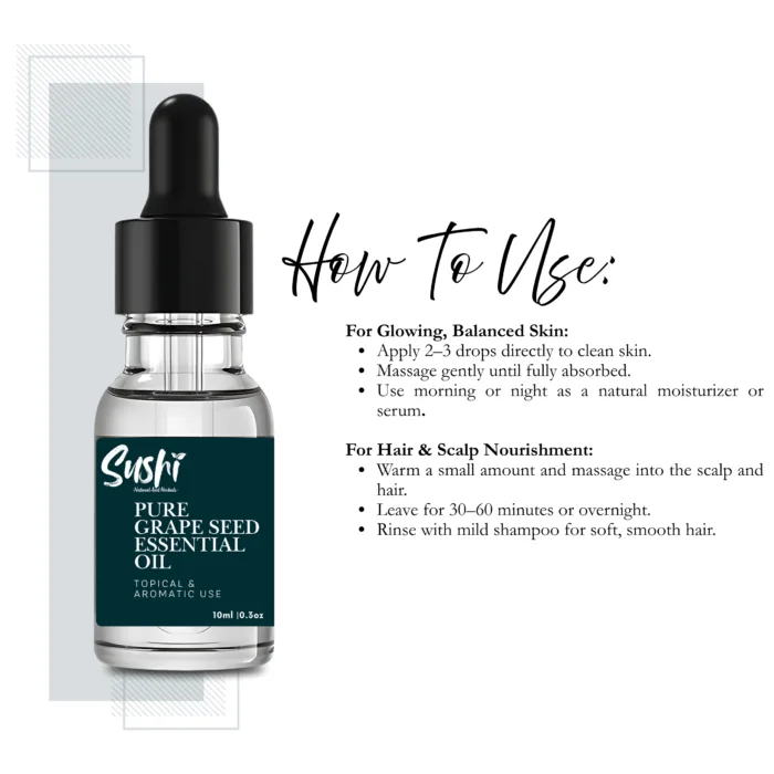 100% Pure Grapeseed Essential Oil by Sushi Industries ; Fast-Absorbing Herbal Oil for Glowing Skin, Hair Growth & Massage
