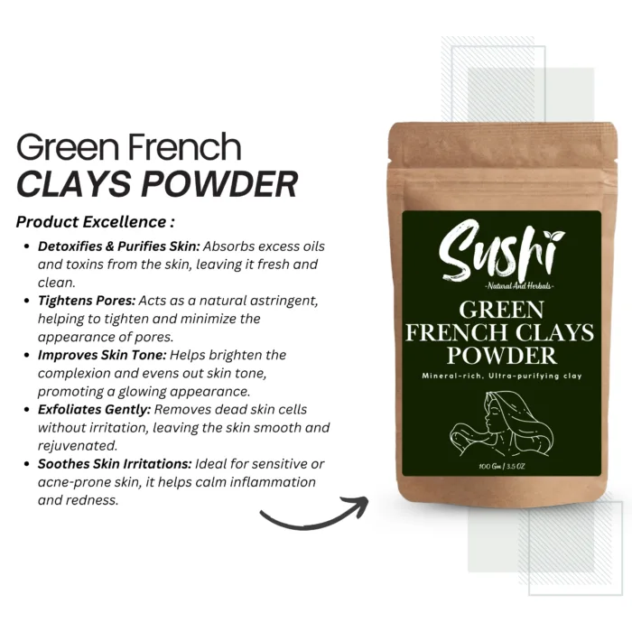 100% Natural Green French Clay Powder by Sushi Industries ; Detoxifying Face Mask for Acne-Prone & Oily Skin ; Mineral-Rich Skincare