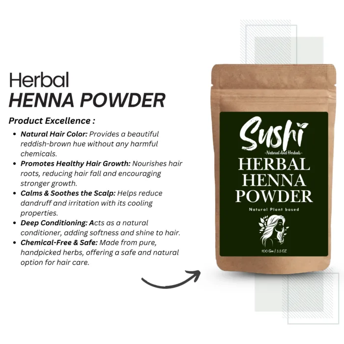 100% Herbal Henna Powder by Sushi Industries ; Ayurvedic Hair Dye with Amla, Bhringraj & Shikakai ; Natural Hair Color & Care