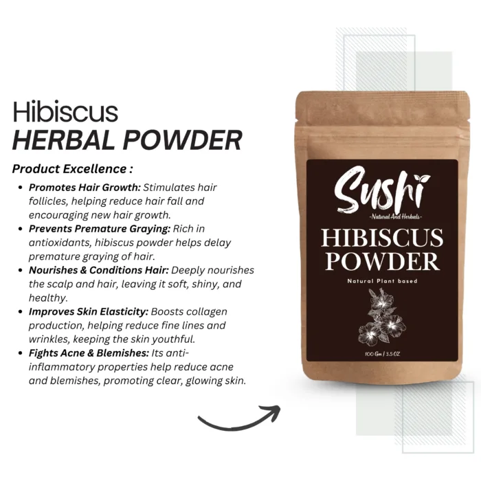 100% Natural Hibiscus Powder by Sushi Industries ; Herbal Flower Powder for Hair Growth, Shine & Skin Brightening
