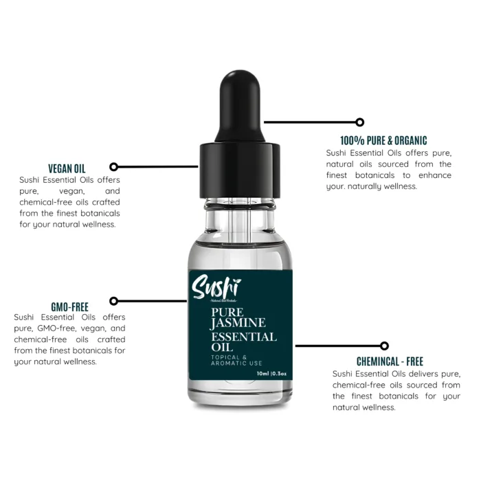 100% Pure Jasmine Essential Oil by Sushi Industries ; Romantic Floral Aroma for Emotional Balance, Skin Radiance & Relaxation