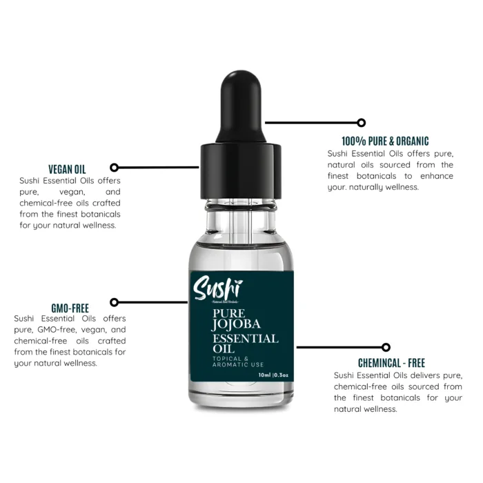 100% Pure Jojoba Essential Oil by Sushi Industries ; Lightweight Carrier Oil for Glowing Skin, Soft Hair & Deep Hydration
