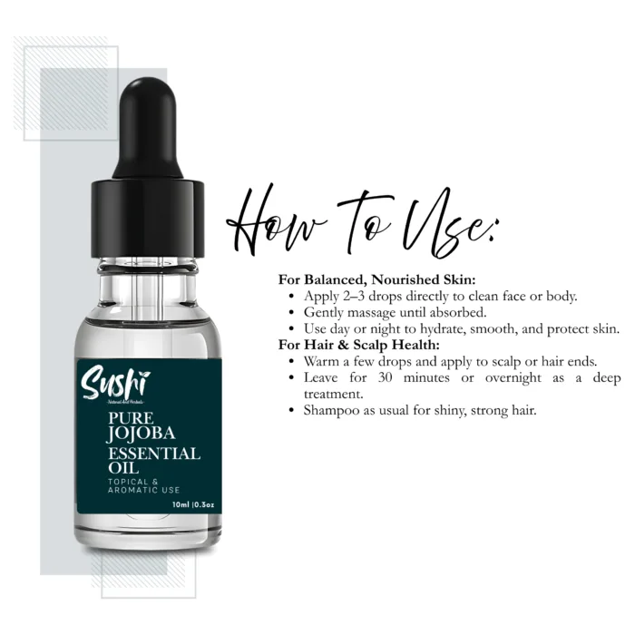 100% Pure Jojoba Essential Oil by Sushi Industries ; Lightweight Carrier Oil for Glowing Skin, Soft Hair & Deep Hydration