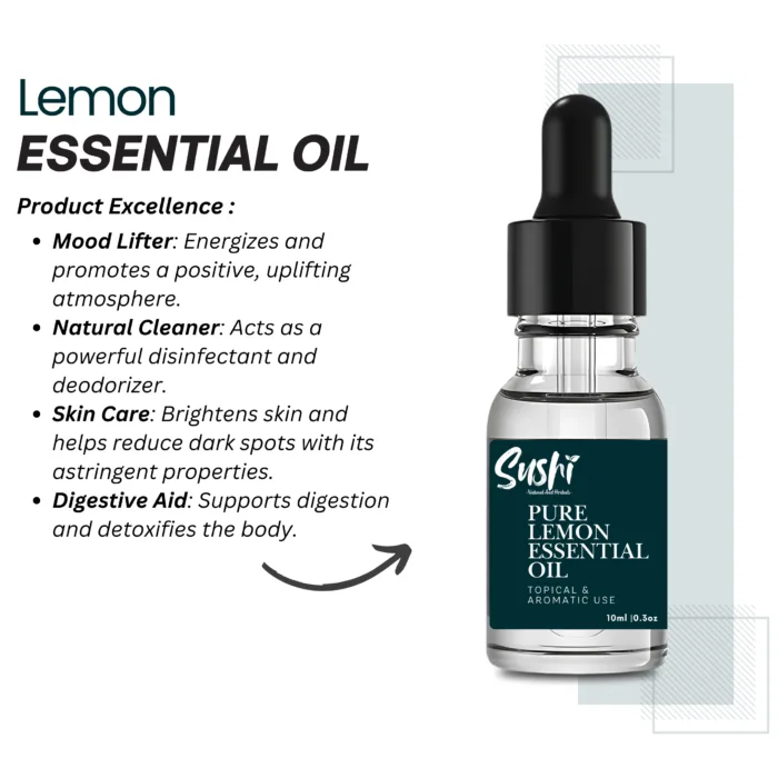 100% Pure Lemon Essential Oil by Sushi Industries ; Refreshing Citrus Scent for Skin Care, Energy Boost & Air Purification