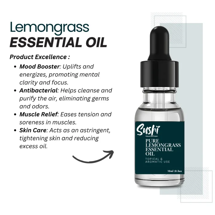 100% Pure Lemongrass Essential Oil by Sushi Industries ; Energizing Herbal Oil for Aromatherapy, Muscle Relief & Skin Care