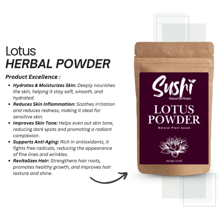 100% Natural Lotus Powder by Sushi Industries ; Herbal Flower Powder for Skin Brightening & Youthful Complexion
