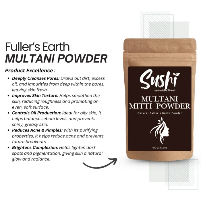 100% Natural Multani Mitti Powder by Sushi Industries ; Herbal Clay Mask for Clear Skin, Oil Control & Detox