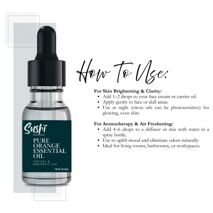 100% Pure Orange Essential Oil by Sushi Industries ; Energizing Citrus Aroma for Glowing Skin, Mood Boost & Aromatherapy