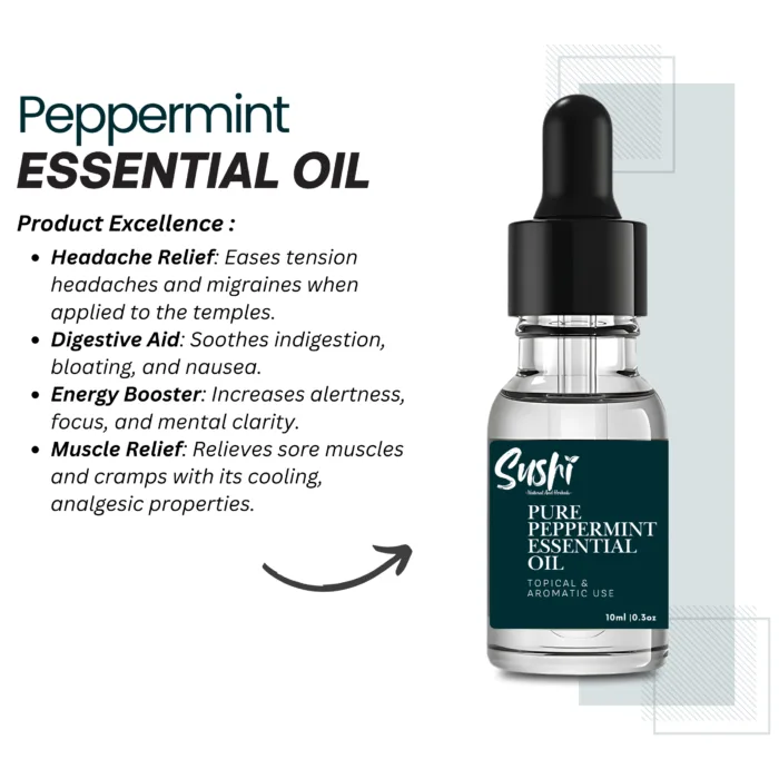 100% Pure Peppermint Essential Oil by Sushi Industries ; Invigorating Herbal Oil for Headache Relief, Energy Boost & Skin Cooling