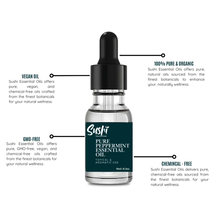 100% Pure Peppermint Essential Oil by Sushi Industries ; Invigorating Herbal Oil for Headache Relief, Energy Boost & Skin Cooling