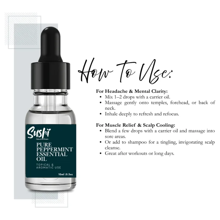 100% Pure Peppermint Essential Oil by Sushi Industries ; Invigorating Herbal Oil for Headache Relief, Energy Boost & Skin Cooling