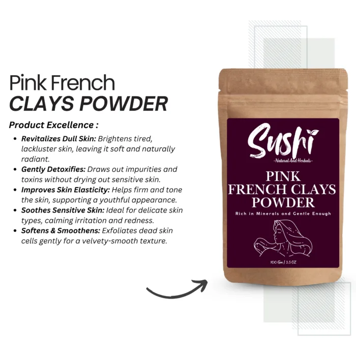 100% Natural Pink French Clay Powder by Sushi Industries ; Soothing & Rejuvenating Clay for Sensitive Skin ; Gentle Facial Cleanser