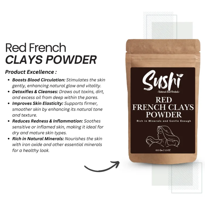 100% Natural Red French Clay Powder by Sushi Industries ; Rejuvenating Clay for Radiant Skin ; Deep Cleansing & Nourishing Face Mask