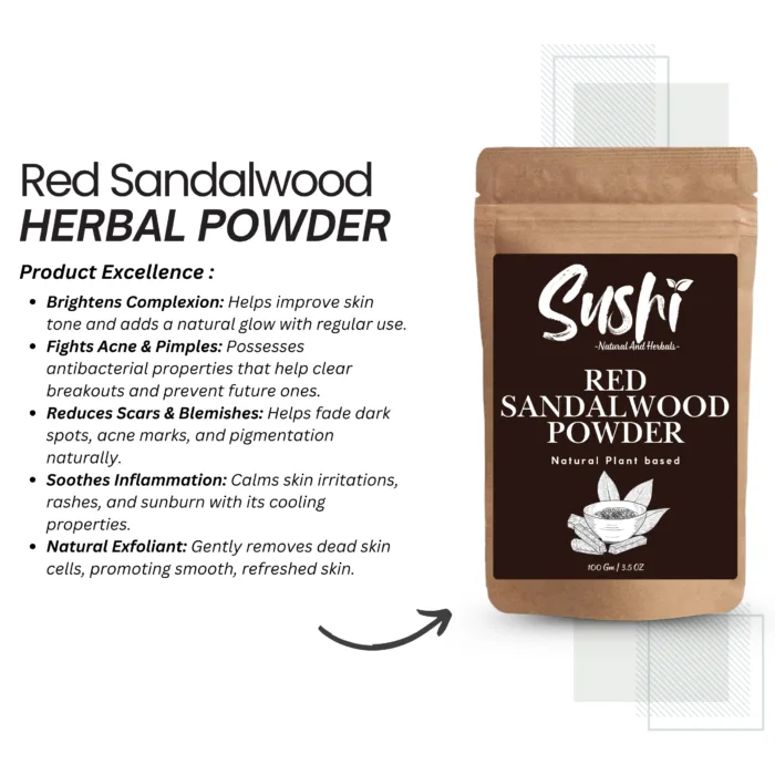 100% Natural Red Sandalwood Powder by Sushi Industries ; Herbal Skincare for Glowing Complexion & Clear Skin