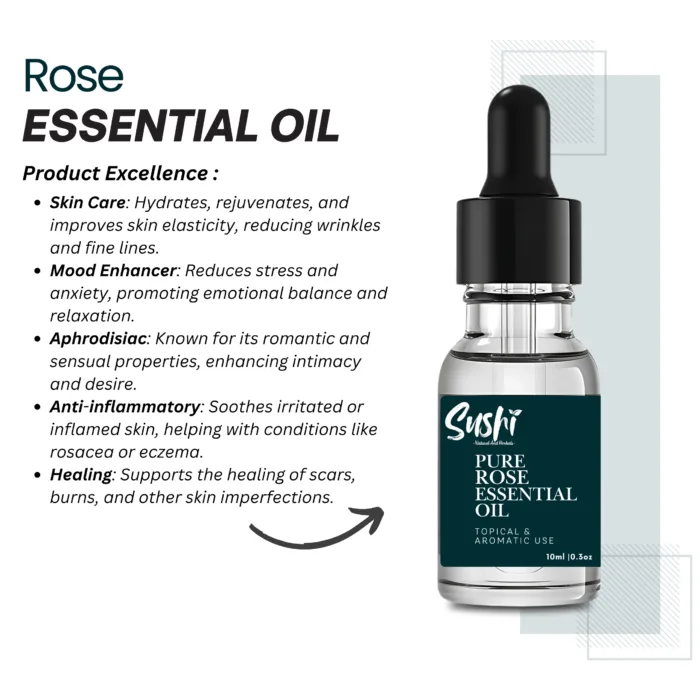 100% Pure Rose Essential Oil by Sushi Industries ; Calming Floral Scent for Glowing Skin, Relaxation & Emotional Wellness