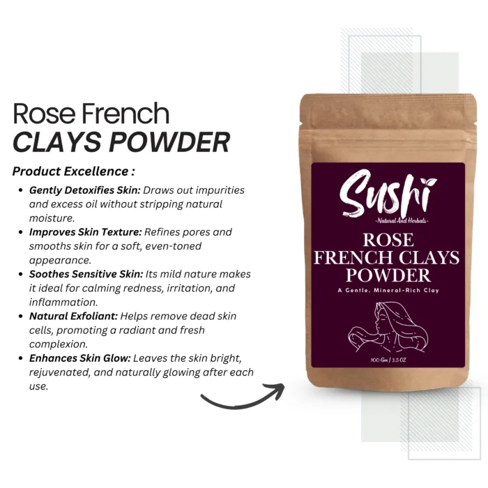 100% Natural Rose French Clay Powder by Sushi Industries ; Soothing & Brightening Clay Mask for Delicate Skin ; Floral Clay Detox