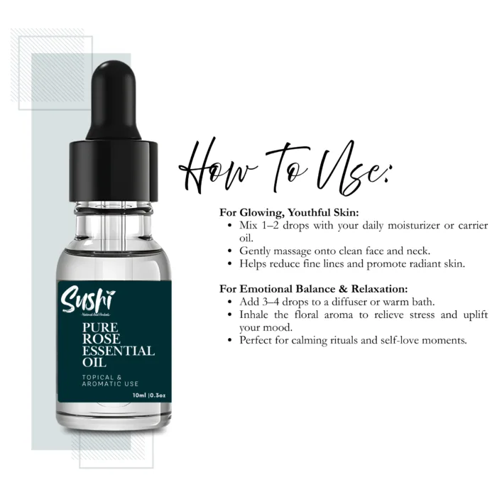 100% Pure Rose Essential Oil by Sushi Industries ; Calming Floral Scent for Glowing Skin, Relaxation & Emotional Wellness