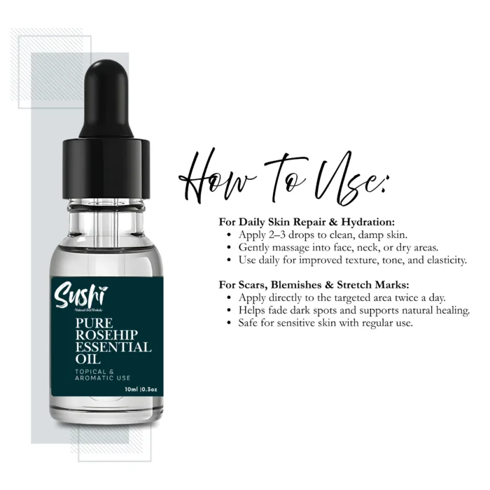 100% Pure Rosehip Essential Oil by Sushi Industries ; Herbal Face Oil for Scars, Wrinkles & Skin Repair