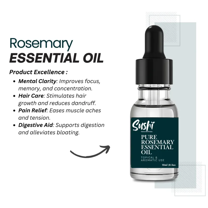 100% Pure Rosemary Essential Oil by Sushi Industries ; Ayurvedic Oil for Hair Strength, Memory Support & Aromatherapy