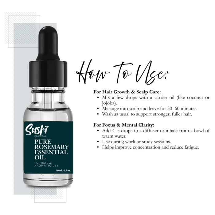 100% Pure Rosemary Essential Oil by Sushi Industries ; Ayurvedic Oil for Hair Strength, Memory Support & Aromatherapy