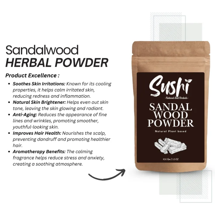 100% Natural Sandalwood Powder by Sushi Industries ; Ayurvedic Skin Cooling & Brightening Powder ; Herbal Solution for Tan & Blemishes