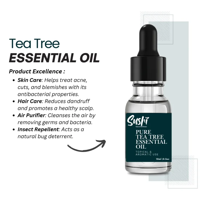 100% Pure Tea Tree Essential Oil by Sushi Industries ; Herbal Antibacterial Oil for Acne Care, Dandruff Control & Aromatherapy