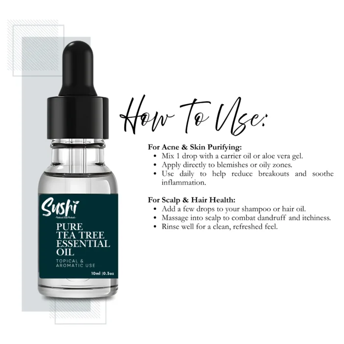 100% Pure Tea Tree Essential Oil by Sushi Industries ; Herbal Antibacterial Oil for Acne Care, Dandruff Control & Aromatherapy