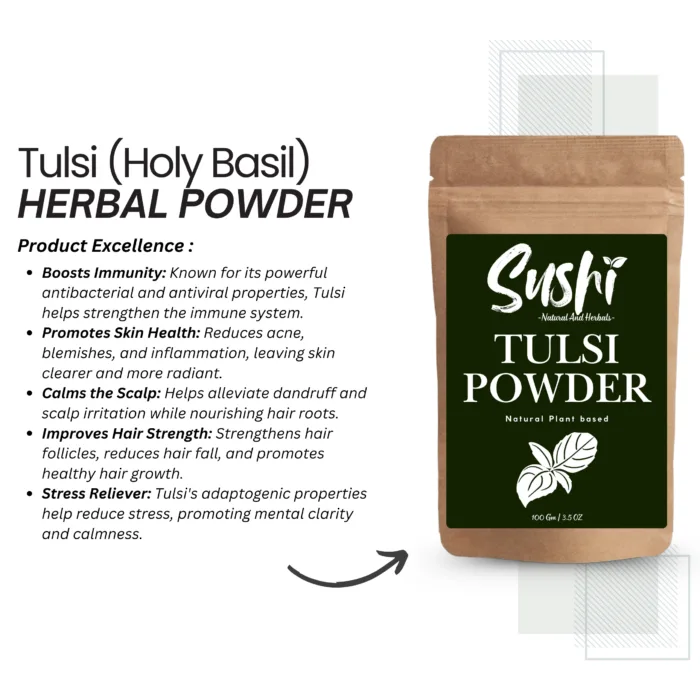 100% Natural Tulsi Powder by Sushi Industries ; Herbal Cleanser for Skin & Hair ; Ayurvedic Purifying Face & Scalp Care