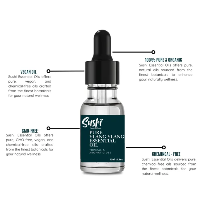 100% Pure Ylang Ylang Essential Oil by Sushi Industries ; Calming Floral Oil for Stress Relief, Glowing Skin & Hair Nourishment